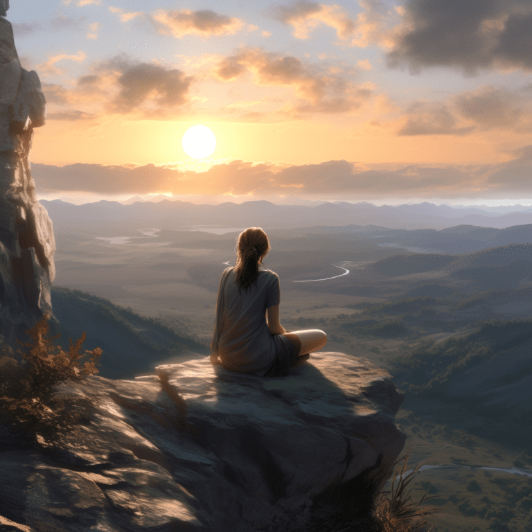 Girl sitting on a mountain pondering on her life goals